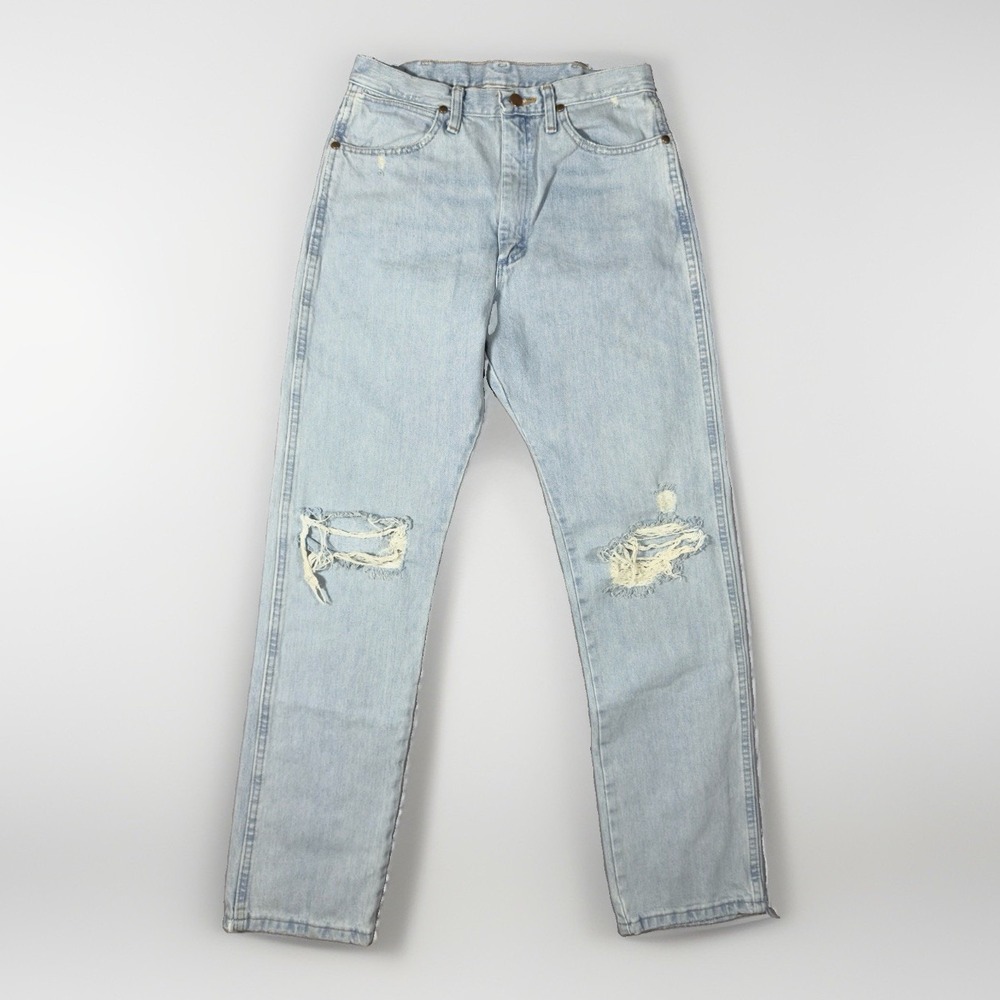 Wrangler Cowboy Cut Jeans Womens 9x34 Light Wash Distressed Western Denim